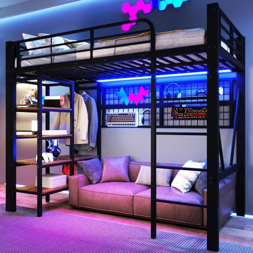Wyibwy Letto a soppalco 90 x 200 cm, con vano portaoggetti, rete per appendere gli oggetti, asta appendiabiti, striscia luminosa a LED, struttura in ferro, letto per ragazzi, senza materasso, Nero