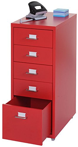 Mendler Rollcontainer Boston T851, Schubladenschrank Stahlschrank, 69x28x41cm 5 Schubladen - rot