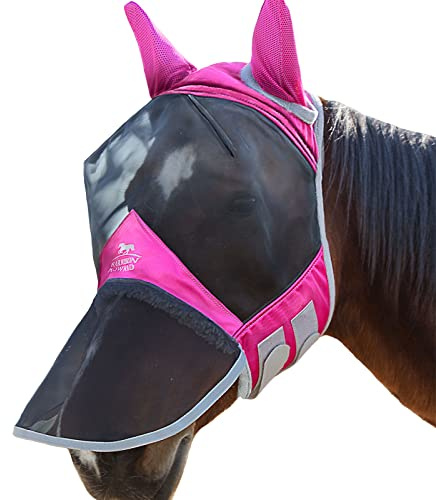 Harrison Howard CareMaster Pro Luminous Horse Fly Mask Large Eye Space Long Nose with Ears UV Protection for Horse Flamingo (M; Cob)