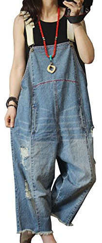 YESNO Women Loose Fit Denim Dungarees Casual Printed Baggy Jumpsuit Distressed Long Wide Leg Overalls Jeans Pants Trousers P49UK BLUE M