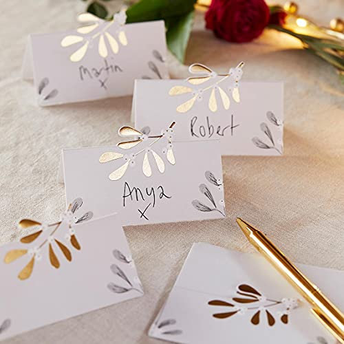 Talking Tables Pack of 12 Mistletoe Name Place Cards | Table Setting Decorations for Dinner Party, Wedding, Anniversary, Christmas Day or New Years, Gold