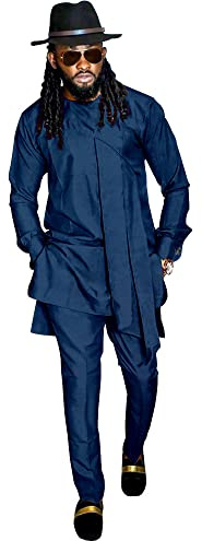 SEA&ALP Men's Fashion Clothes African Shirt and Pant Suit Dashiki Long Sleeve Casual Outfits Blouse Pockets, Dark Blue, XX-Large