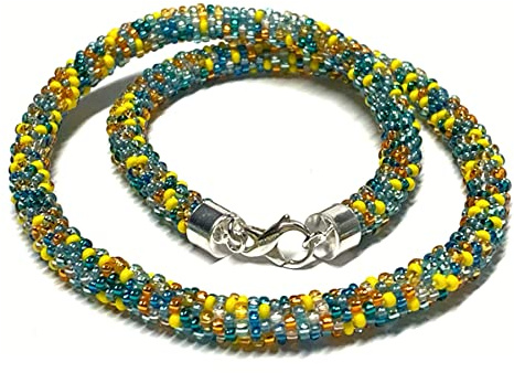 Halskette gehäkelt Glasperlen 925 Silber Schließe Handarbeit Unikatschmuck Häkelkette 48cm blau gelb