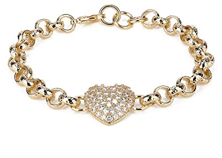 Crystal Heart Patterned Belcher Bracelet, Luxury Finish and Detailing 16K Real Gold Plated Jewellery for Ladies (Length: 6 Inches, Weight: 22 grams) - Bling King London