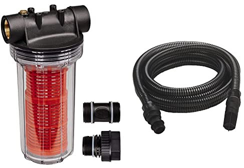 Einhell 4173851 - Filtro per pompe, Portata d'acqua massima 4300 l/h, 25 cm & Kit accessori tubo di aspirazione nero 7 metri con terminali in PVC - max.: 35°