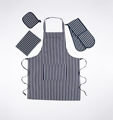100% Cotton Heat Resistant Stripe Double Oven Glove Mitt for Home Kitchen Restaurant Hot Oven Pots Kitchen Tray Pans,Set of 4-Navy