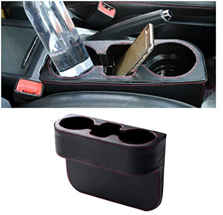 JNNJ PU-Leder Vordersitz-Lückenfüller mit Getränkehalter, Autositz Organizer, Universal Auto Getränkehalter, Multifunktionales Autozubehör, für Alle Fahrzeuge(Schwarz)