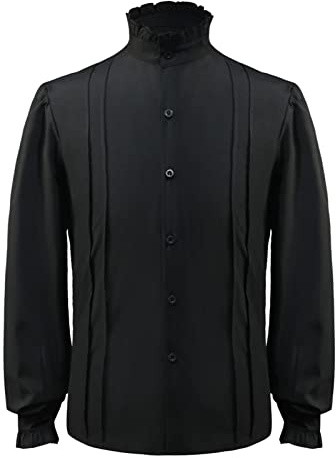 Chemise Renaissance Homme Col à Volants- Tee Shirt Manche Bouffantes,Haut Gothique Plissé Couleur Pure Blouse Mode Top pour Steampunk Cosplay Medievale Rétro Cour Halloween Victorien