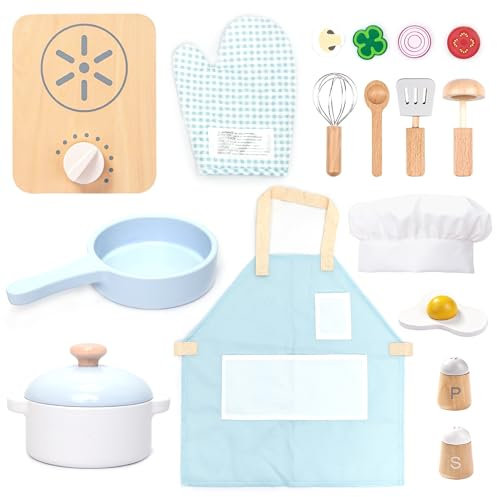 UMU® Kinder Kochset aus Holz mit Geschirr (Töpfe und Pfannen), Schürze, Lebensmittel und mehr, Kinderküche Zubehör zum Rollenspiel, 18-TLG. Küche Spielzeug für Kinder ab 2, 3, 4, 5 Jahre