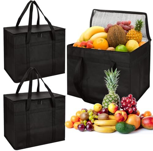 CYEER Paquete de 3 bolsas aisladas, bolsas de entrega de alimentos para alimentos calientes, bolsas térmicas plegables con doble cremallera para transporte de alimentos fríos y calientes