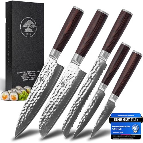 SATOMI® 5er Set Damastmesser Küchenmesser aus Damaststahl - 67 Schichten traditionell Japanischer Stil -Chefmesser Santokumesser Brotmesser Universalmesser Obstmesser mit edlem Pakkaholz Griff