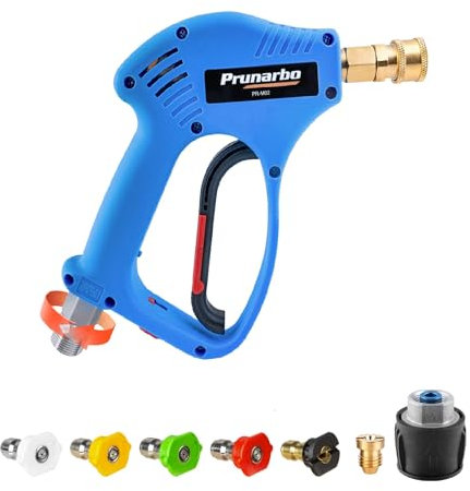 Prunarbo Pistola de lavado de alta presión con adaptador compatible con manguera Nilfisk/Bosch, 5 boquillas de 1/4 pulgadas, conector rápido, pistola de espuma de nieve, accesorios de lavado de coche
