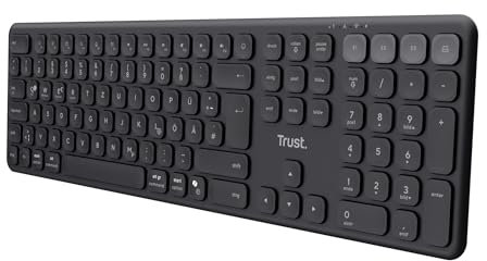 Trust Vaiya Tastatur Kabellos Bluetooth + 2.4 GHz QWERTZ-Layout, Standardgröße Funktastatur mit Nummernblock, Integrierter Akku, 55% Recyclingkunststoff, Windows iOS iPadOS macOS Android, Schwarz