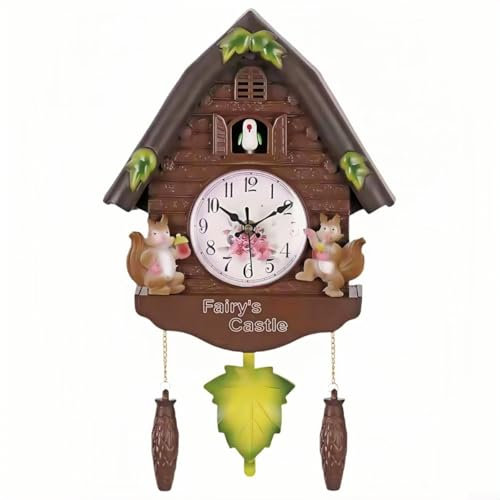 Horloge à coucou en bois avec pendule amovible, design moderne nichoir avec son doux carillon, horloge murale à piles pour décoration d'intérieur (écureuil marron)