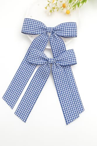 Gingham Hair Bow Set – Pack of 2 | School Hair Clips | Back to School Accessories for Girls | Blue Checked Pattern | Large Ribbon Bows with Alligator Clips – One Size Navy