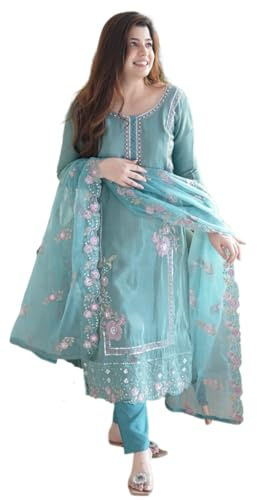 ONPEAK Traditional Ethnic Wear 3 Pc salwar suit for women partywear wedding indian festive outfit, Sky Blue, XL