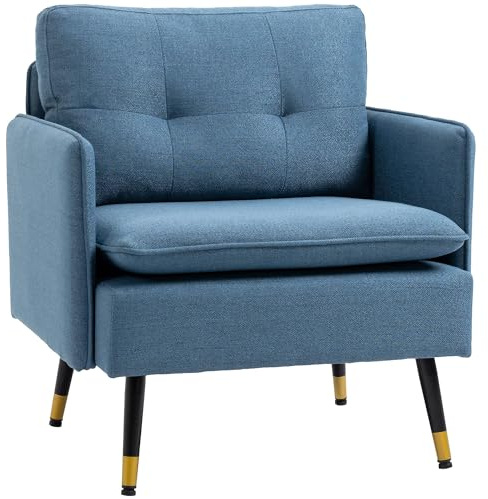 HOMCOM Polstersessel Armlehnensessel mit Kissen Loungesessel Sofa mit Leinenoptik, Stahlbeine, für Wohnzimmer, Schlafzimmer, Blau, 76 x 68 x 80 cm