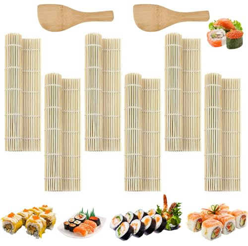 8PCS Sushi Mat Bamboo Sushi Making Kit with 2 Rice Shaker Sushi Rolling Mat | Reusable Bamboo Kit Maker Bamboo Sushi Rolling Mat for Beginner Chef Home Kitchen Restaurants DIY 24 x 24 CM