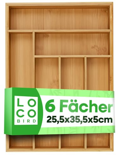 Loco Bird Besteckkasten für Schubladen aus Bambus 6 Fächer - 25,5x35,5x5cm Besteckeinsatz für Schubladen verstellbar - Besteck Organizer Küche Holz - Schubladeneinsatz Küche - Cutlery Organizer