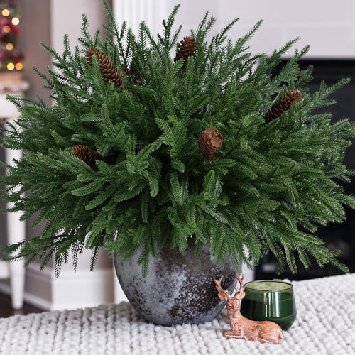 HyeFlora 19 Inch Christmas Norfolk Pine Stems, 12PCS Real Touch Faux Cedar Pine with 5PCS Big Pine Cones Branches, Artificial DIY Greenery Stems Plastic Picks for Vase Indoor Outdoor Home Garden Décor