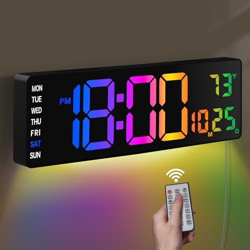 Orologio Digitale da Parete 16, Grande Orologio Digitale da LED con Telecomando, 9 Colori RGB, Luminosità Automatica, Conto alla Rovescia, Temperatura, Ideale per Aule, Soggiorno, Camera da Letto