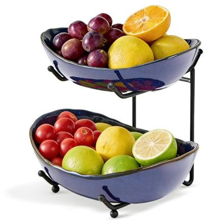 DUJUST Cesta de Fruta de 2 Niveles, Soporte de Fruta de Cerámica con Esmalte Vitrificado, Apilable & Fácil de Almacenar, Bandeja Multifuncional para Fruta/Verduras/Snacks, Microondas – Azul Oscuro