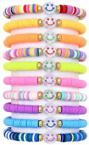 10 Pcs Friendship Bracelets Set, Beaded Bracelets with Smile Face, Heart, Stars, Letter Beads, Stretch String BFF Friendship Gifts for Girls and Kids, Girls Party Bag Fillers (Multicolor C (10 Pcs))