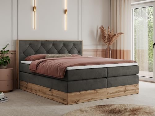 MKS MEBLE King Boxspringbett 200x200 mit Kopfteil und Bettkasten, Polsterbett mit Matratze H3 und Topper Visco, Wotan Eiche Dekor - Dunkelgrau Velvet - Veneto King