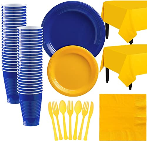 Party City Royal Blue and Sunshine Yellow Plastic Tableware Party Supplies for 50 Guests, 487 Pieces, Includes Tableware and Cups