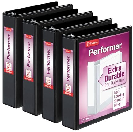 Cardinal Performer 3-Ring Binders, 1.5, Non-Locking Slant-D Rings, 375-Sheet Capacity, ClearVue Presentation, Non-Stick, PVC-Free, Black, 4-Pack (27401)