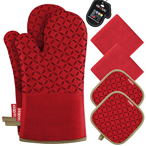 KEGOUU Oven Mitts and Pot Holders 6pcs Set, Kitchen Oven Glove High Heat Resistant 500 Degree Extra Long Oven Mitts and Potholder with Non-Slip Silicone Surface for Cooking (Red)