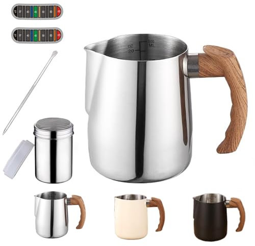 Milchaufschäumer, 20oz/600ml Edelstahl Milchaufschäumer Tasse, Kaffee Bar Espresso Maschine Zubehör Werkzeuge, Kaffee Dampf Krüge Mit Dekoration Stift, Schokolade Shaker, Temperatur Tag