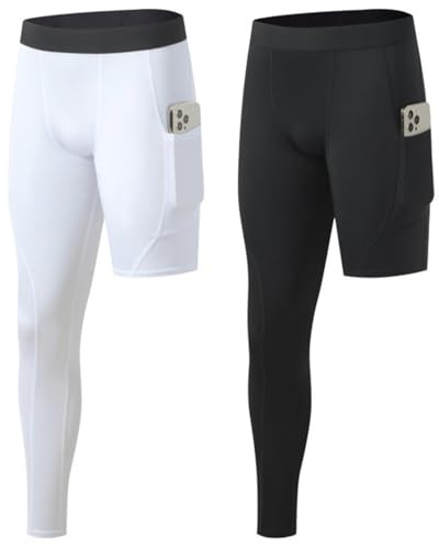 Blaward 2 Pack Men's One Leg Compression Pants, Black+White+Right Long, M