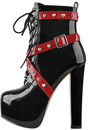 blingqueen Damen Plateau Stiefeletten Blockabsatz Schnürboots Zweifarbig Lack Schwarz Rot 38 EU