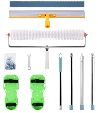MXBAOHENG Selbstnivellierendes Zementwerkzeug-Set Entlüftungsroller Set 13mm Stachelwalze für selbstnivellierende Böden mit abnehmbarem 1,6m verlängertem Griff, gekerbter Rakel, 300mm Stachelschuhe