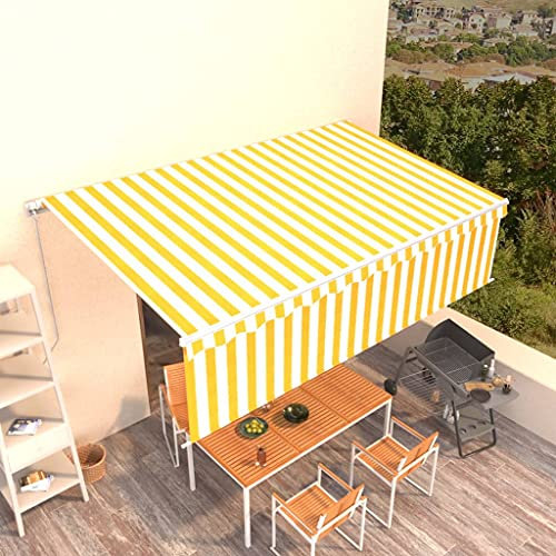 Brokky 3069338 Tenda da Sole Retrattile Manuale 5x3m Gialla Bianca con Parasole - Avvolgibile a Bracci Estensibili, Telaio in Alluminio, Tettuccio Resistente