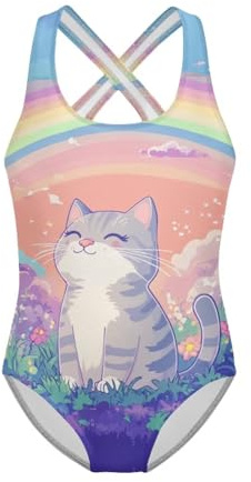 Jeiento Traje de baño de una pieza para niñas, diseño de gato, cómodo, elástico, para playa, surf, deportes acuáticos