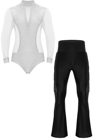 Sinleey Men's Latin Ballroom Dance Costume Rhinestone Shiny Bodysuit with Flared Pants Ballet Dance Outfit White&Black Large