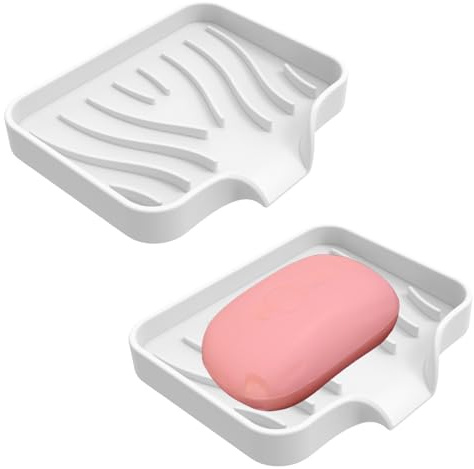 2 Pièce Porte Savons Silicone, Support Savon Incliné, Porte Savon Salle De Bain avec Évacuation, Porte-Savons Antidérapants pour Douche, Baignoire Et Cuisine (Blanc)