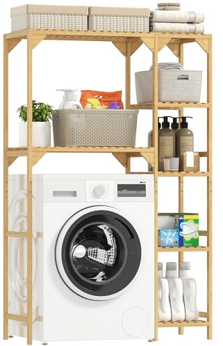 HOMCOM Waschmaschinenregal Bambus Badezimmerregal mit 7 Ebenen, Umkehrbaren Ablagen, Regal über Waschmaschine & Toilette für Bad, Waschküche, Natur