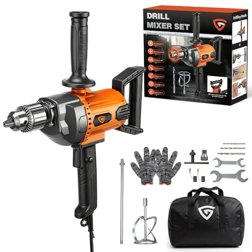 GEARPASS Drill Mixer Set, 20 Amp Corded Mixing Drill with 5/8 All-Metal Chuck, 1100 RPM Heavy Duty Concrete Mud Mixer with 360° Adjustable D-Handle for Cement Mortar Paint Grout Plaster Thinset