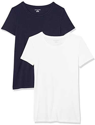 Amazon Essentials Maglietta Girocollo a Maniche Corte Vestibilità Regolare Donna, Pacco da 2, Bianco/Blu Marino, M