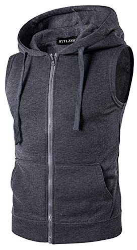 STTLZMC Uomo Felpa Smanicata con Cappuccio Fitness Muscolo Vest Tops con Zip Fino Gilet Casual,Grigio Scuro,XL