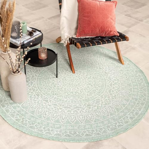 FRAAI | Home & Living Volero In- & Outdoor Teppich Rund - Summer Azteca Mint - Wetterfest - Polypropylen - Flachgewebe - Balkon, Garten/Terrasse - Terrasse - Rug