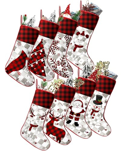 Tatuo 8 Pack Christmas Stockings Personalized Customized, 18 Inch Buffalo Plaid Hanging Stockings, Santa Claus Snowman Bear Deer Tree Snowflake for Christmas Tree Fireplace Family Holiday Decor