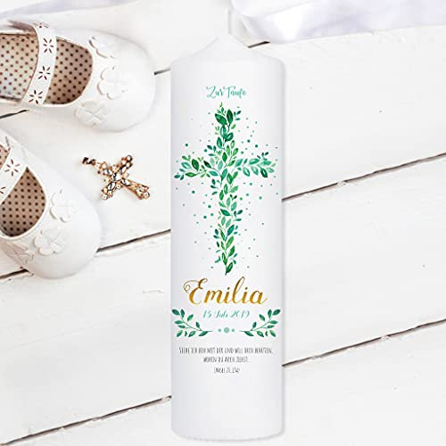 Wandtattoo Loft Taufkerze Junge oder Mädchen personalisierte Patenkerze, Motiv Heiliges Kreuz aus grünen Blättern, 18cm x 7cm