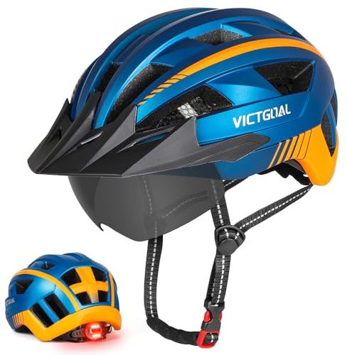 VICTGOAL Fahrradhelm mit Visier für Herren Damen, LED Rücklicht und Brille