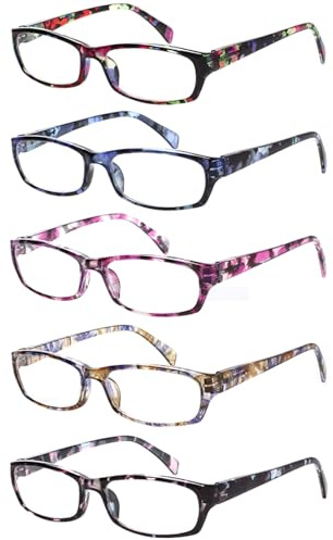 Kerecsen Reading Glasses 5 Pairs Fashion Ladies Readers Spring Hinge with Pattern Print Eyeglasses for Women (Mix Color -2, 1.50)