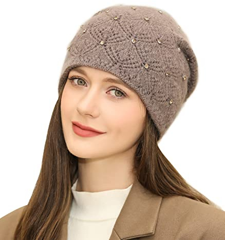 Adigaber Donne Slouchy Berretti Lungo Caldo Elegante Beanie Cappelli Invernali con Pregiata Decorazione di Strass Taglia Unica