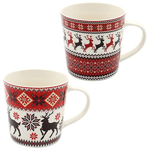 Dekohelden24 Tazze natalizie in porcellana – Cervo – Set da 2 pezzi, altezza: 10 cm – Ø 9 cm, capacità 400 ml.